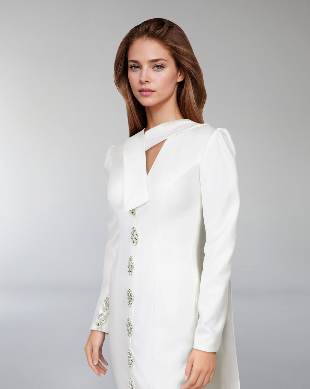 Crystal-button gown with draped neckline – Lorvan