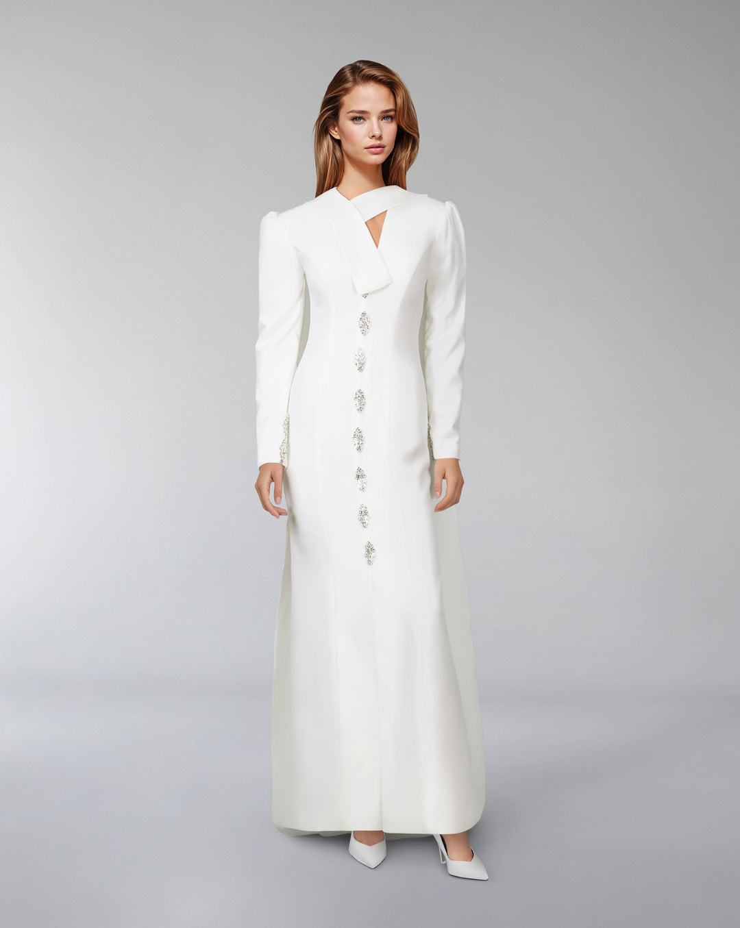 Crystal-button gown with draped neckline – Lorvan