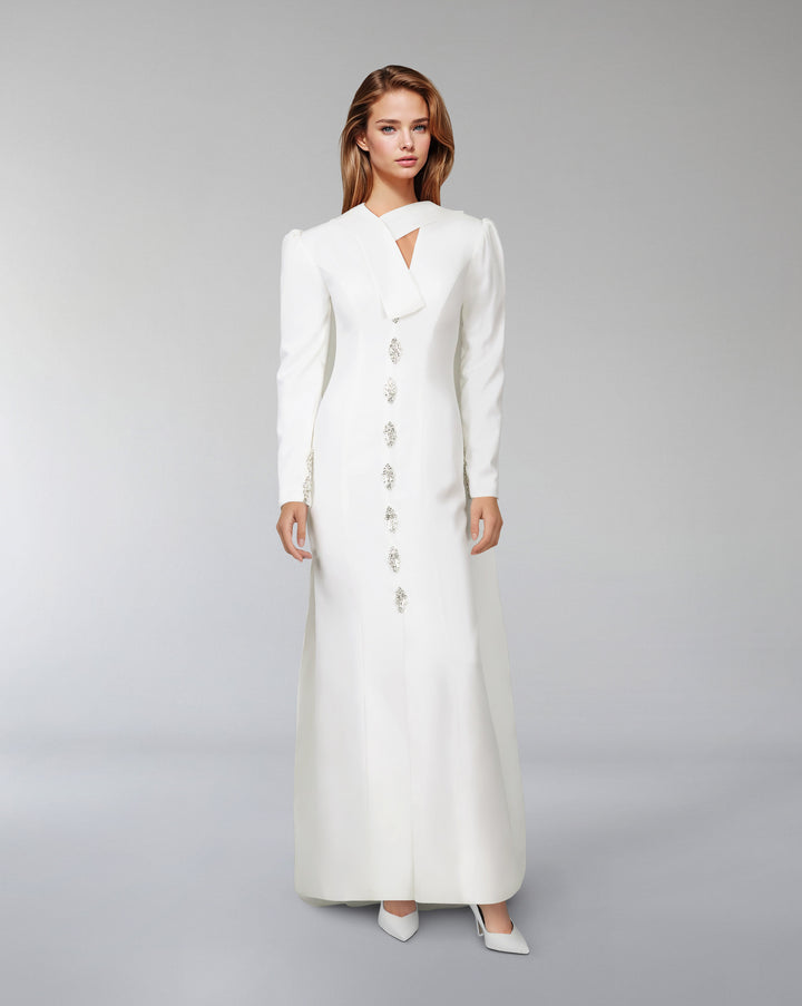 Crystal-button gown with draped neckline – Lorvan