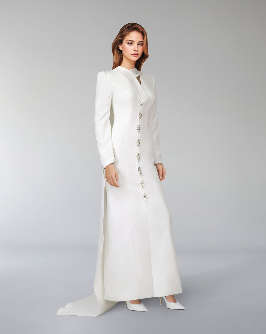 Crystal-button gown with draped neckline – Lorvan