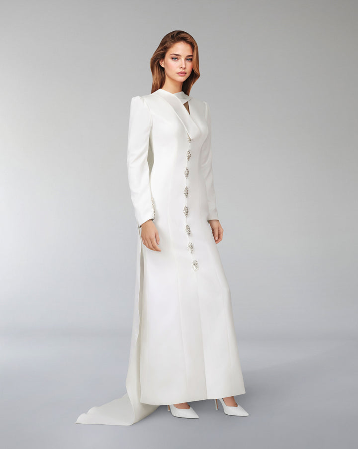 Crystal-button gown with draped neckline – Lorvan