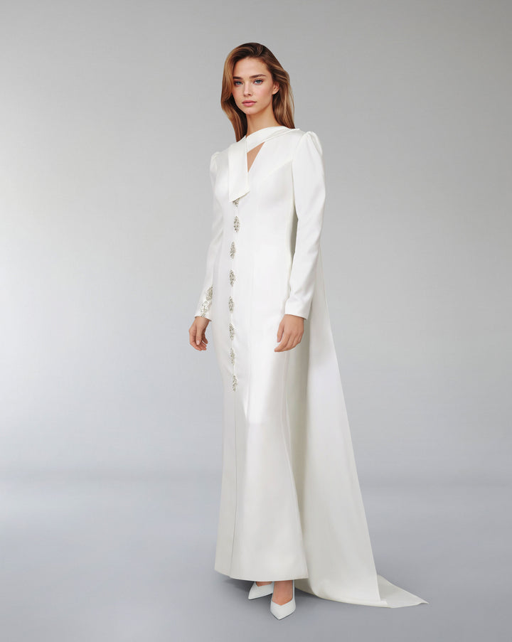 Crystal-button gown with draped neckline – Lorvan