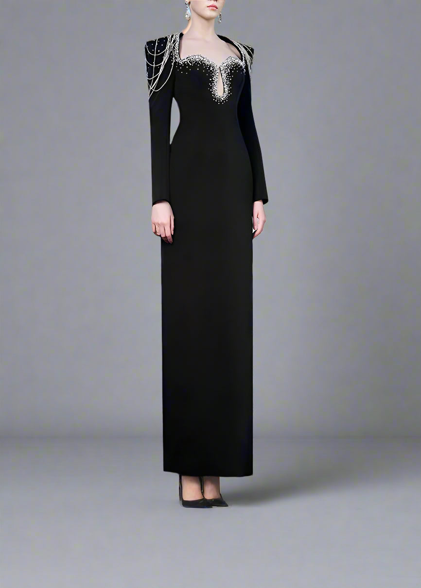فستان عمودي بأكمام طويلة وسلاسل كتف مزينة بالخرز - أسترا