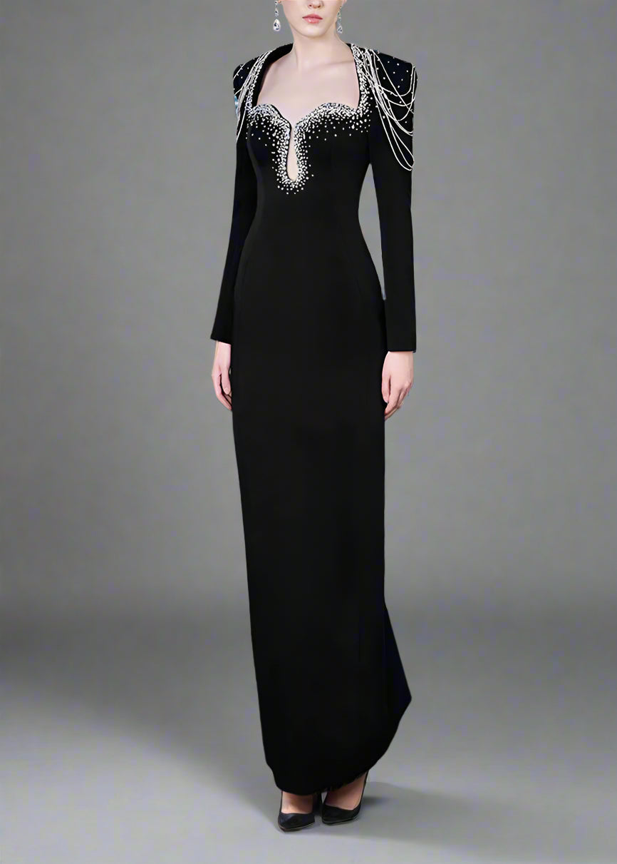 فستان عمودي بأكمام طويلة وسلاسل كتف مزينة بالخرز - أسترا