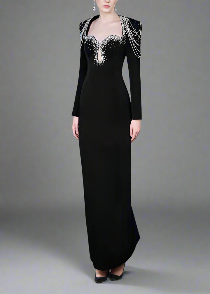 فستان عمودي بأكمام طويلة وسلاسل كتف مزينة بالخرز - أسترا