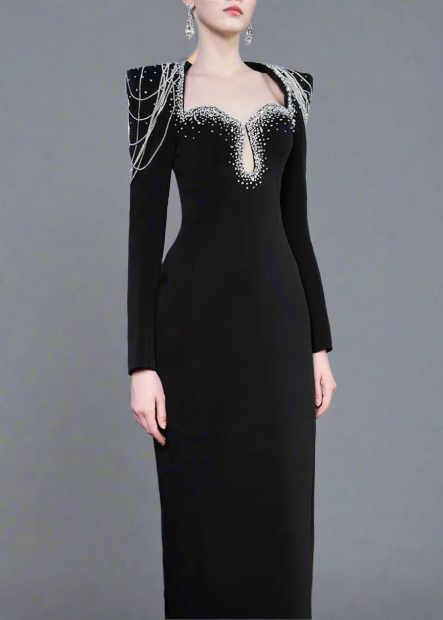 فستان عمودي بأكمام طويلة وسلاسل كتف مزينة بالخرز - أسترا