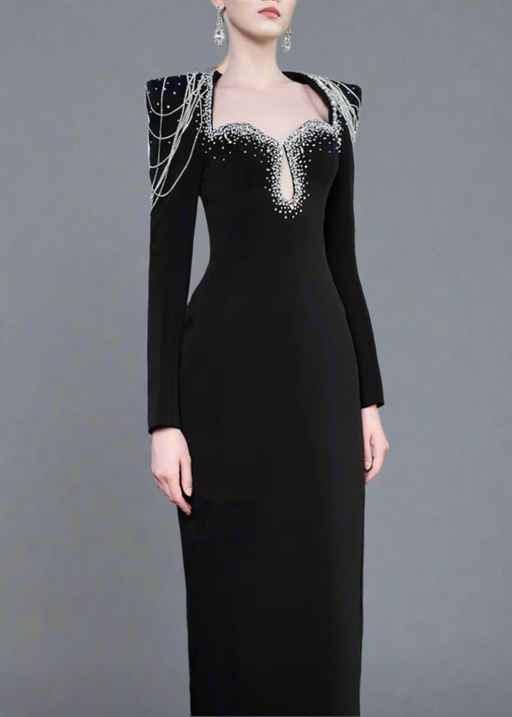 فستان عمودي بأكمام طويلة وسلاسل كتف مزينة بالخرز - أسترا