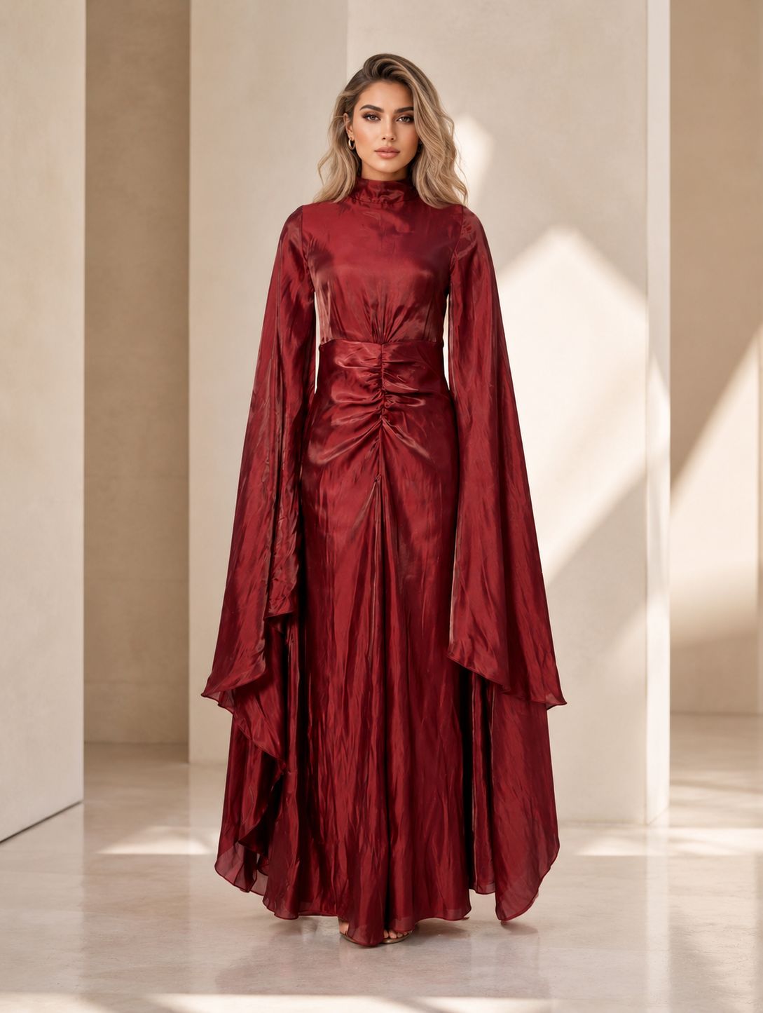 Burgundy Chiffon Maxi Dress – Dramatic Butterfly Sleeves and Ruched Waist –