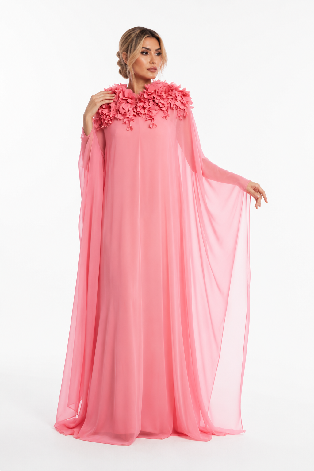 Floral Collar Chiffon Kaftan Gown