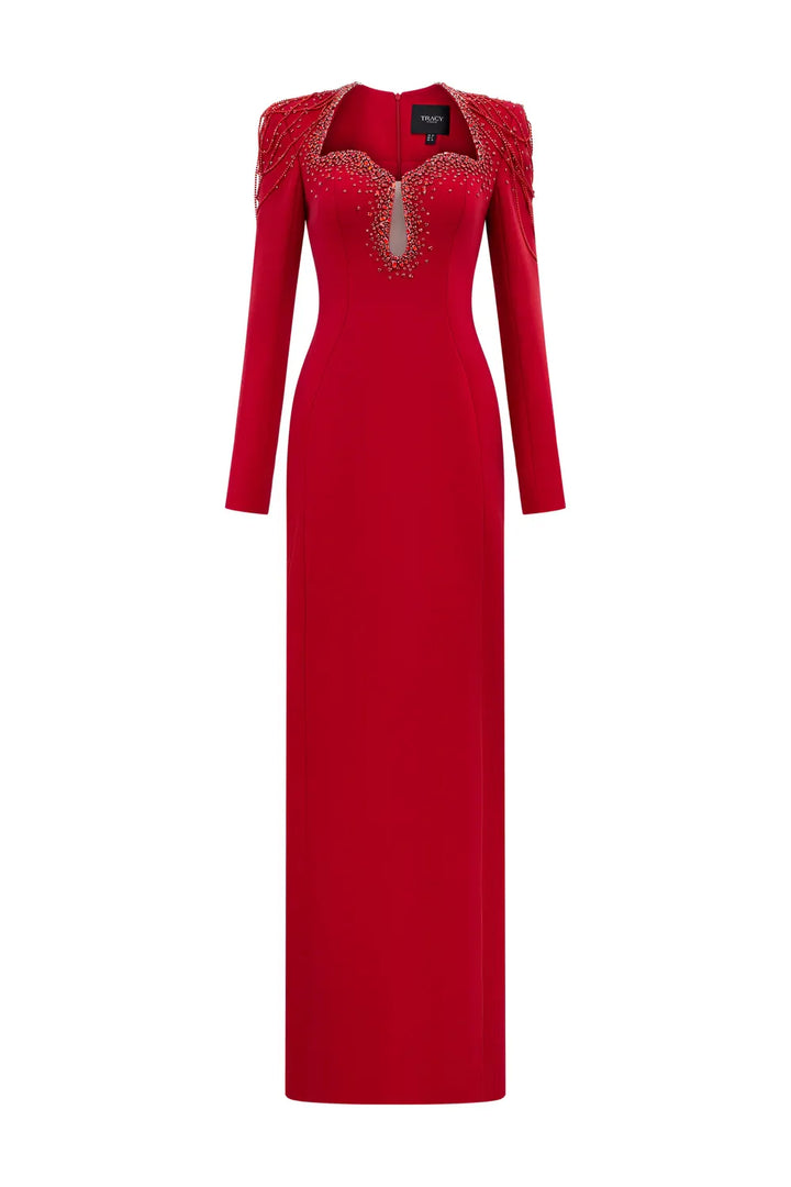 فستان عمودي بأكمام طويلة وسلاسل كتف مزينة بالخرز - أسترا