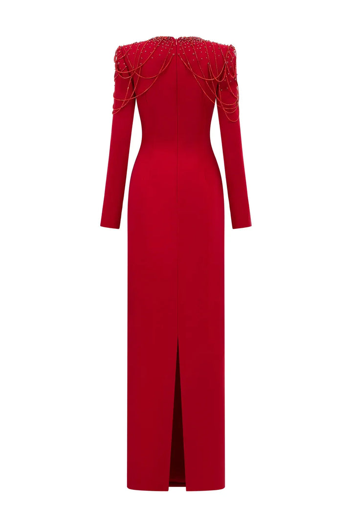 فستان عمودي بأكمام طويلة وسلاسل كتف مزينة بالخرز - أسترا