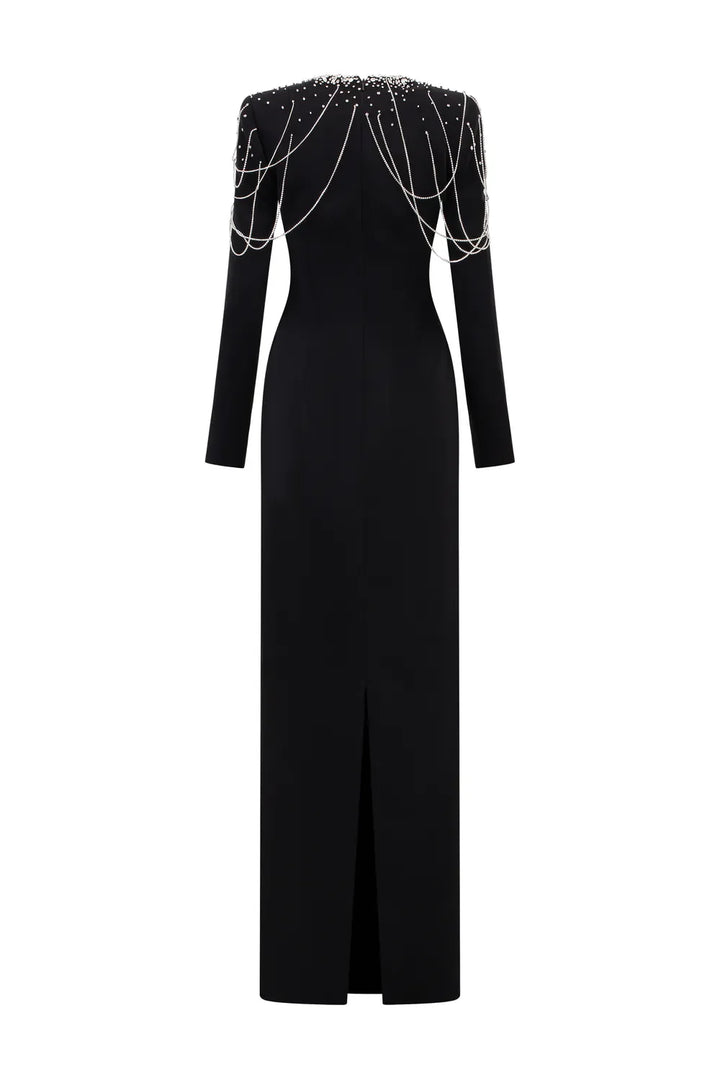 فستان عمودي بأكمام طويلة وسلاسل كتف مزينة بالخرز - أسترا
