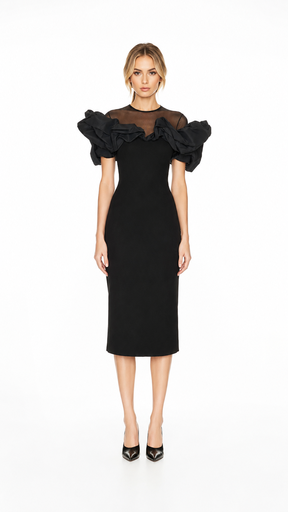 Black Organza Ruffle Midi Dress – OPHELIA –