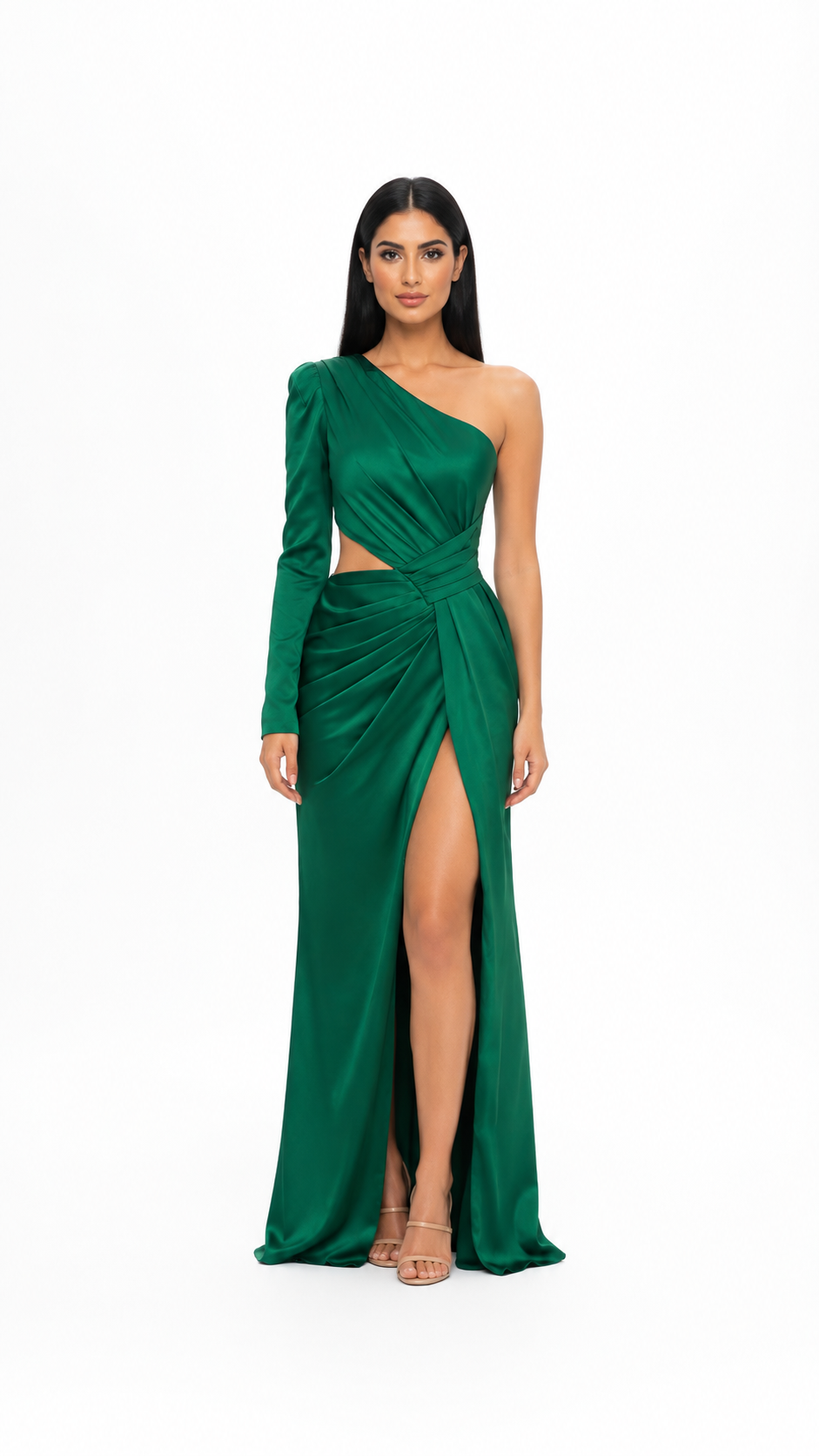 Emerald One-Shoulder Cutout Satin Maxi Dress – VELORA –