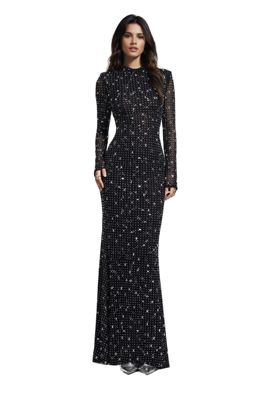 long sleeve embellished mesh maxi dress – STELLARA –