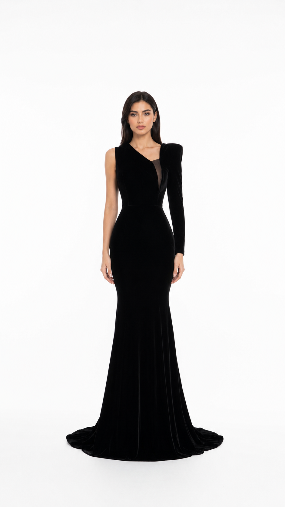 Black Velvet Asymmetric-Sleeve Maxi Dress – Elvire