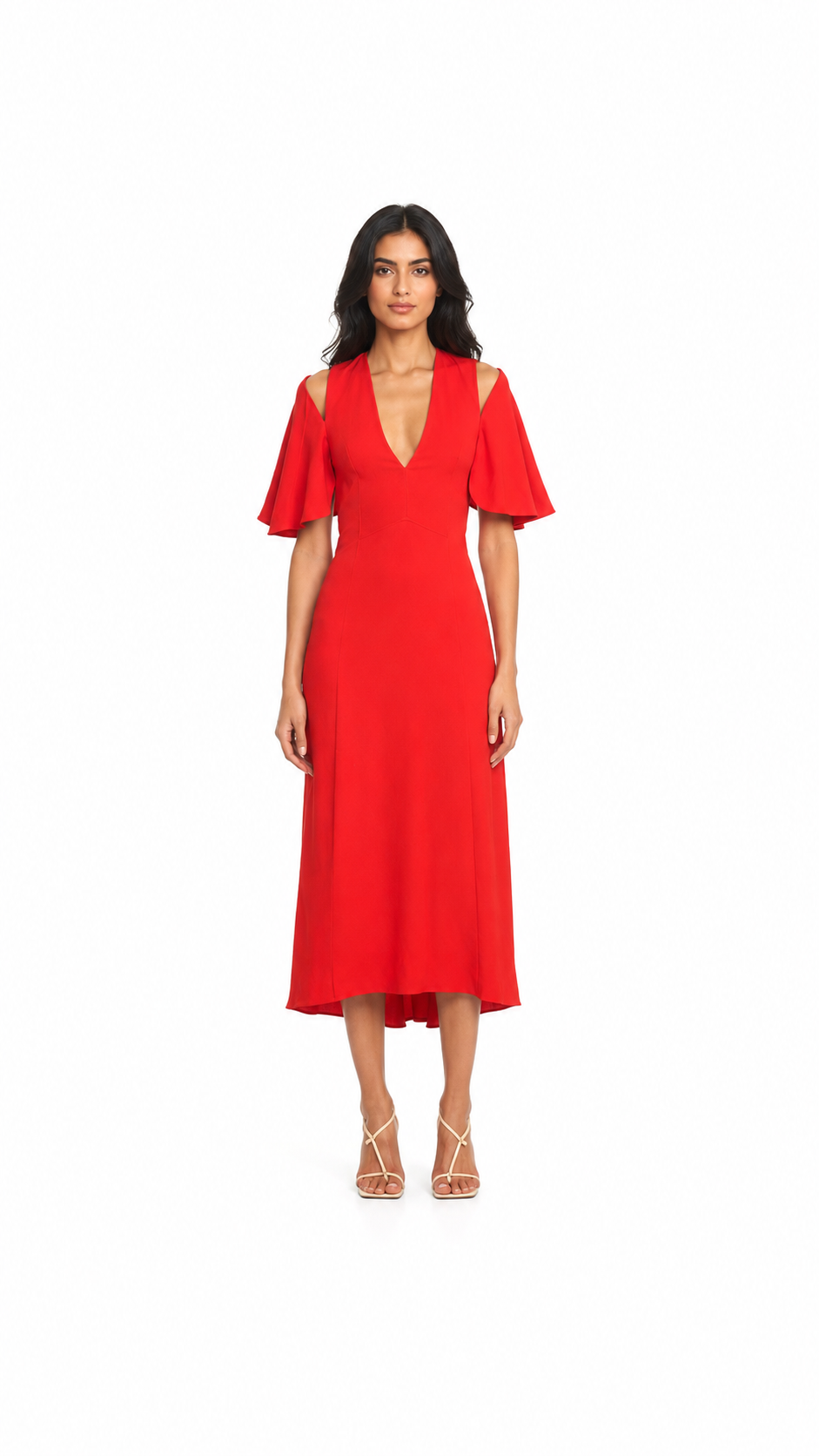Red Cold-Shoulder Flutter Sleeve Midi Dress – ROSÉVA –