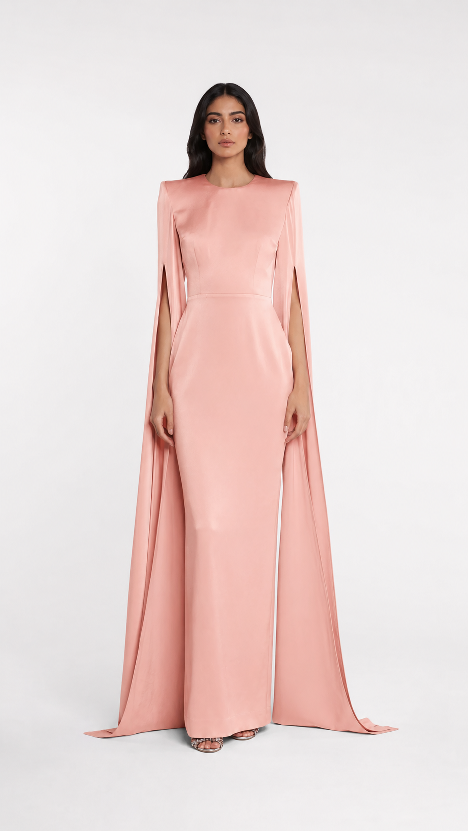 Blush Pink Cape Sleeve Column Evening Gown – AURÉLIA –