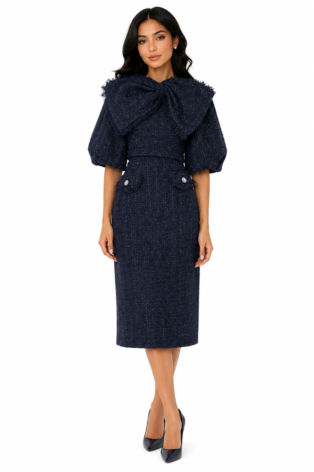 tweed midi dress with bow collar – Eriella
