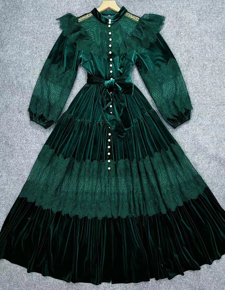 velvet lace-paneled gown with pearl button front – Fistmnb