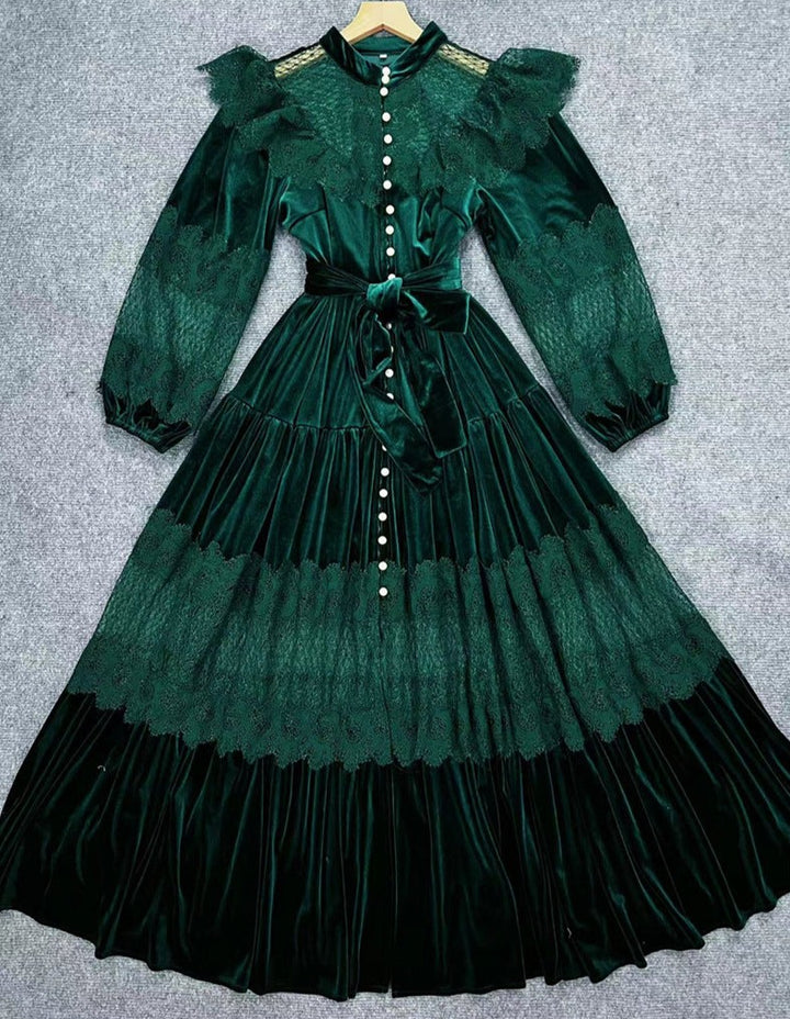 velvet lace-paneled gown with pearl button front – Fistmnb