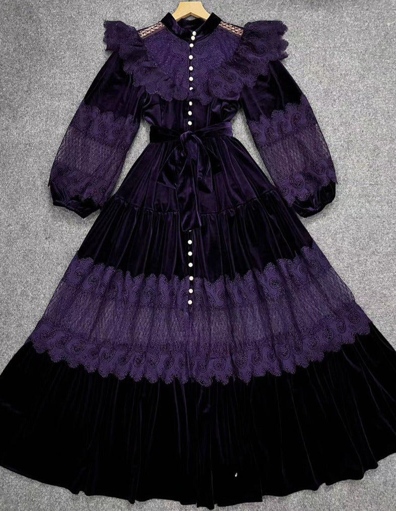 velvet lace-paneled gown with pearl button front – Fistmnb