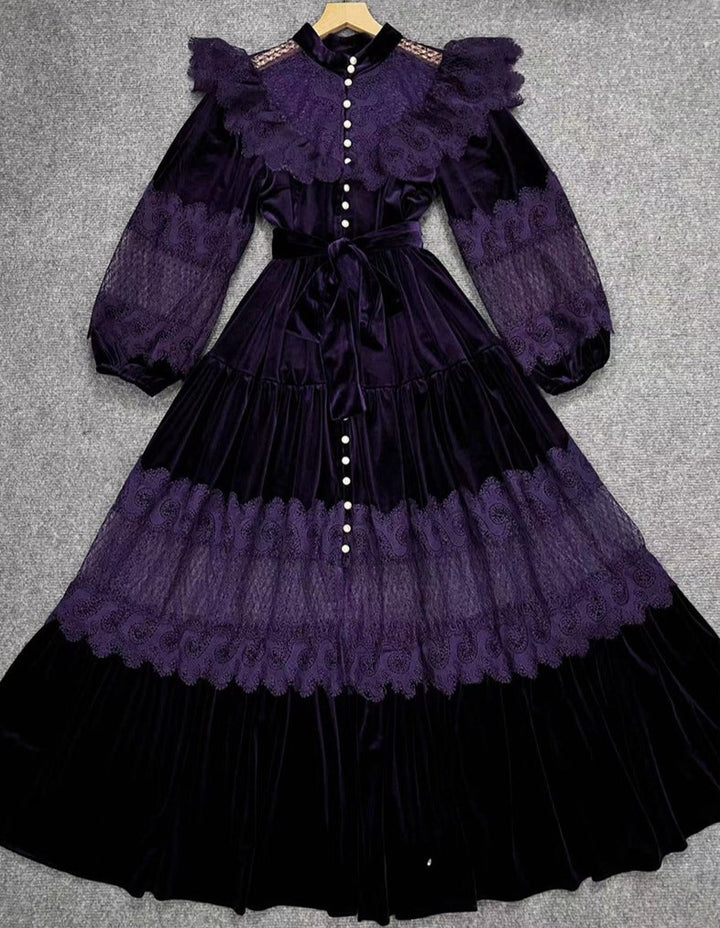 velvet lace-paneled gown with pearl button front – Fistmnb