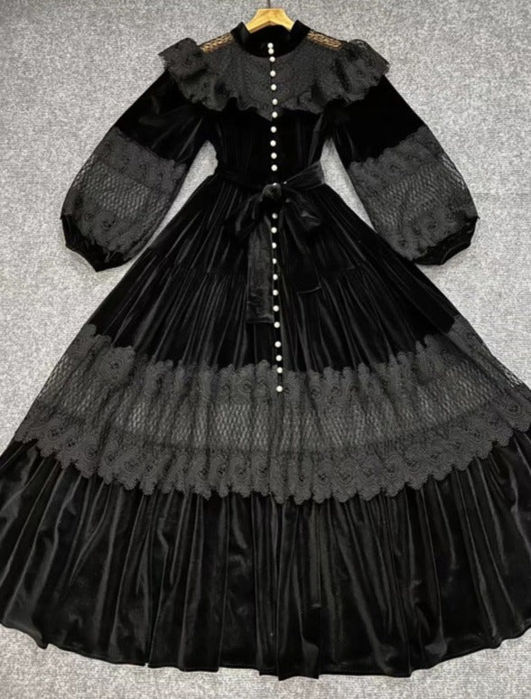 velvet lace-paneled gown with pearl button front – Fistmnb