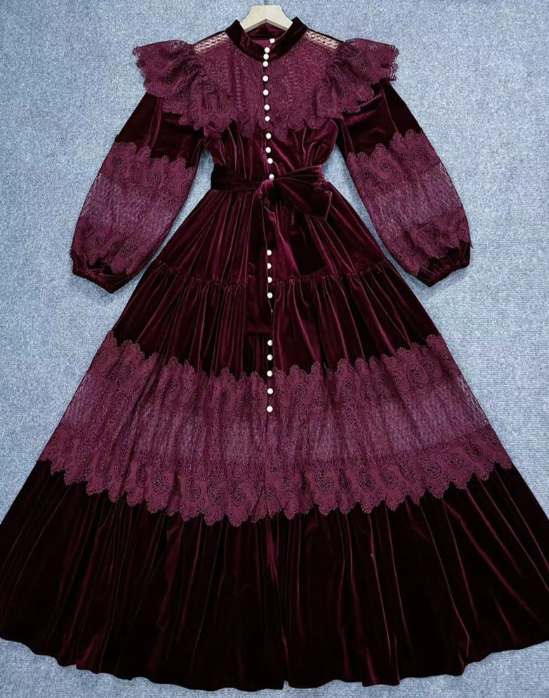 velvet lace-paneled gown with pearl button front – Fistmnb