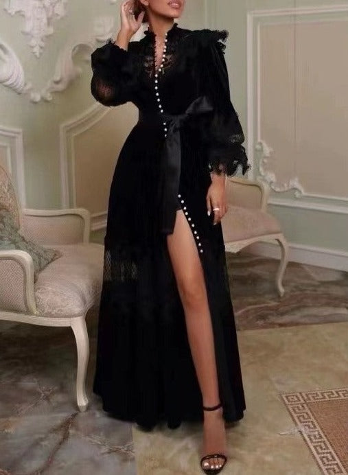 velvet lace-paneled gown with pearl button front – Fistmnb