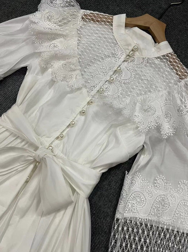 velvet lace-paneled gown with pearl button front – Fistmnb