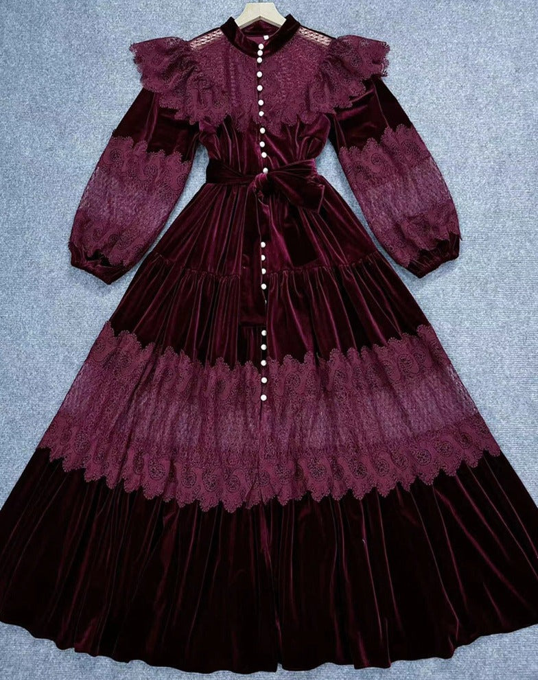 velvet lace-paneled gown with pearl button front – Fistmnb