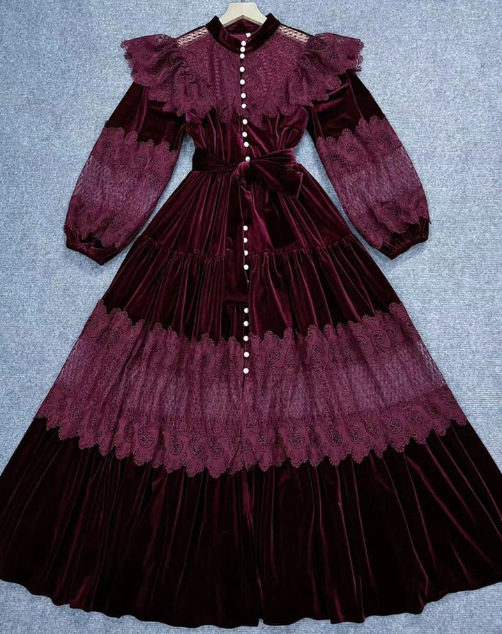 velvet lace-paneled gown with pearl button front – Fistmnb