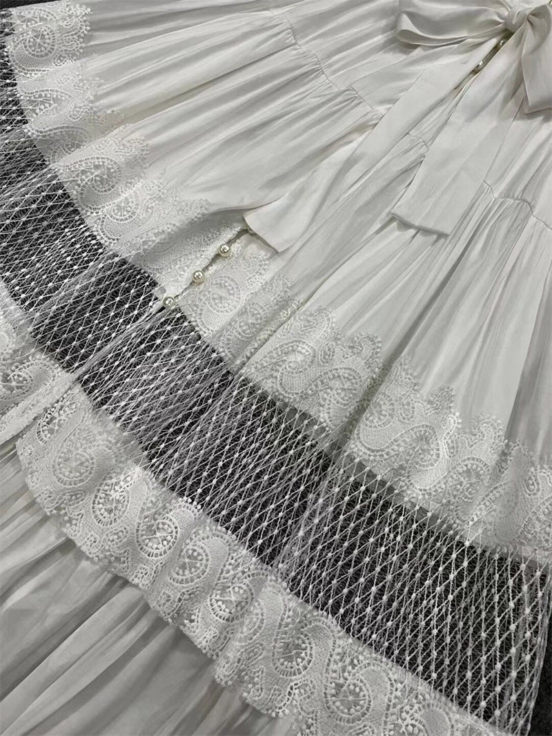 velvet lace-paneled gown with pearl button front – Fistmnb