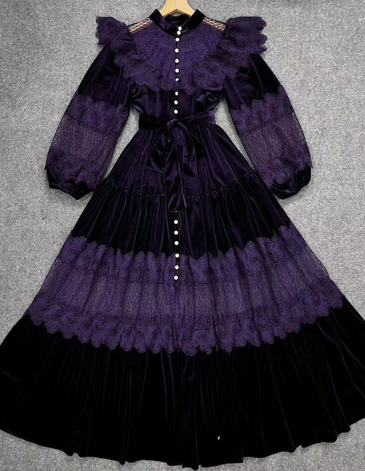 velvet lace-paneled gown with pearl button front – Fistmnb