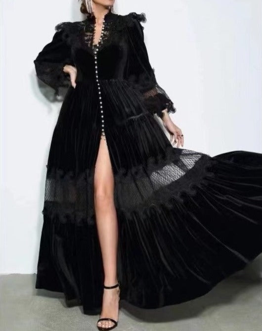 velvet lace-paneled gown with pearl button front – Fistmnb