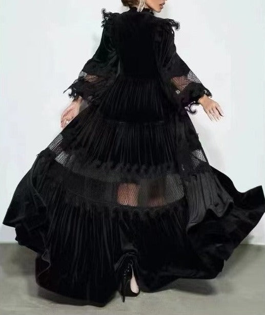 velvet lace-paneled gown with pearl button front – Fistmnb