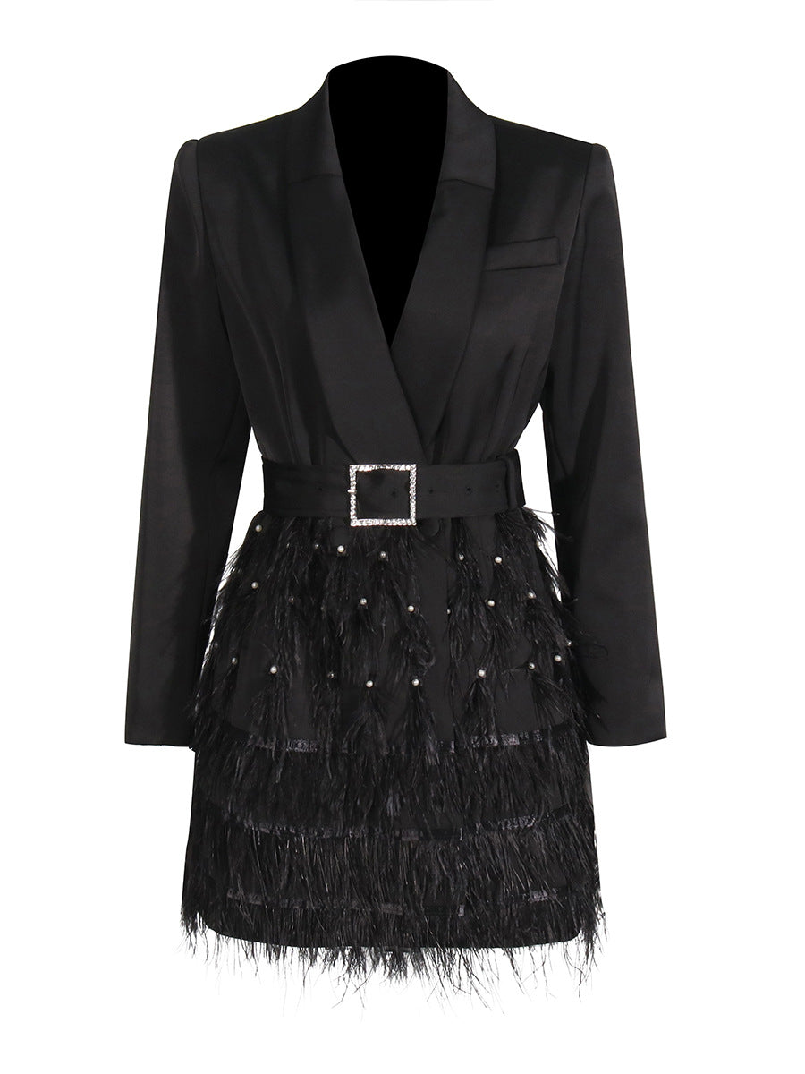 belted blazer dress with feathered skirt – BORAYLA –