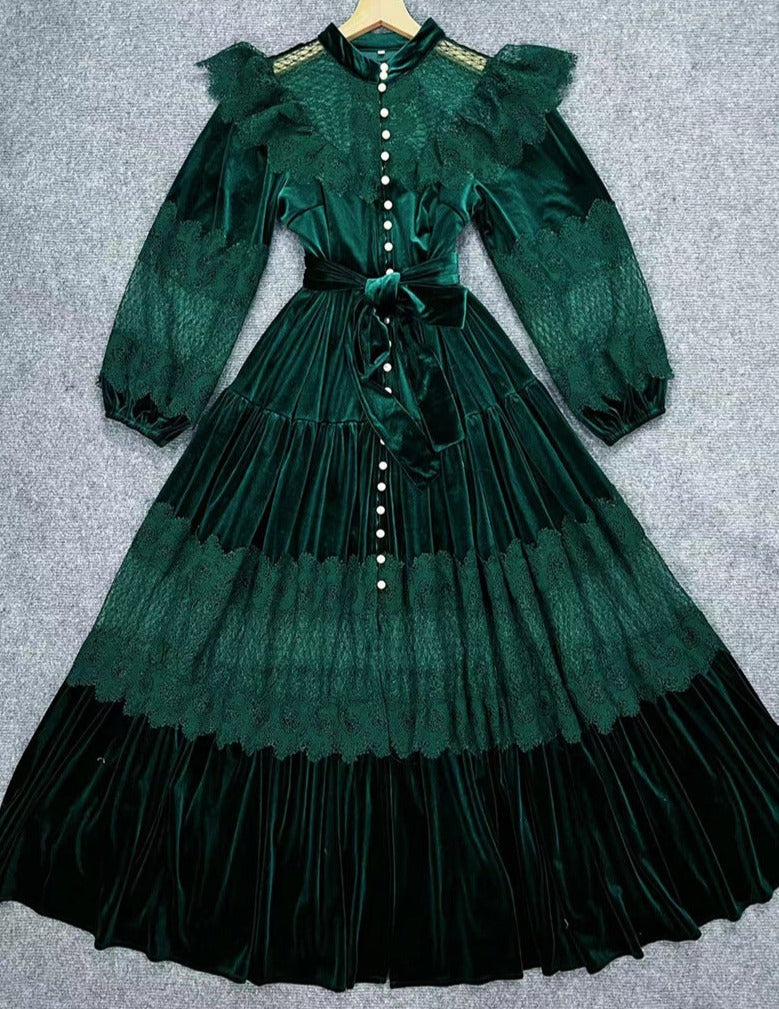 velvet lace-paneled gown with pearl button front – Fistmnb