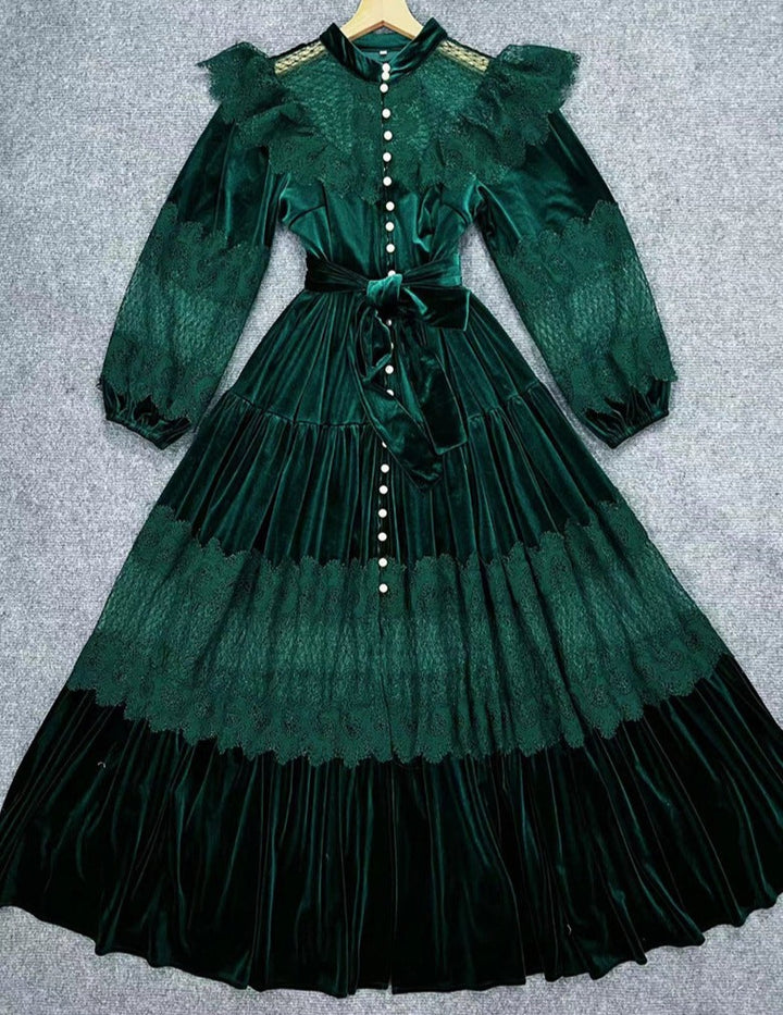 velvet lace-paneled gown with pearl button front – Fistmnb