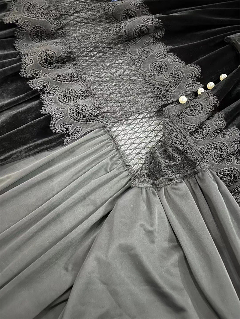 velvet lace-paneled gown with pearl button front – Fistmnb