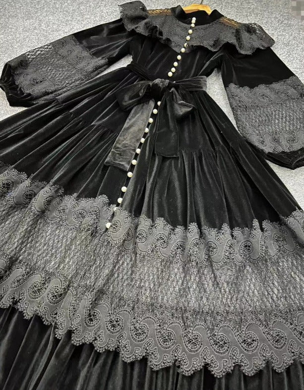 velvet lace-paneled gown with pearl button front – Fistmnb