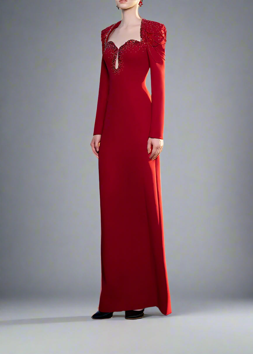 فستان عمودي بأكمام طويلة وسلاسل كتف مزينة بالخرز - أسترا