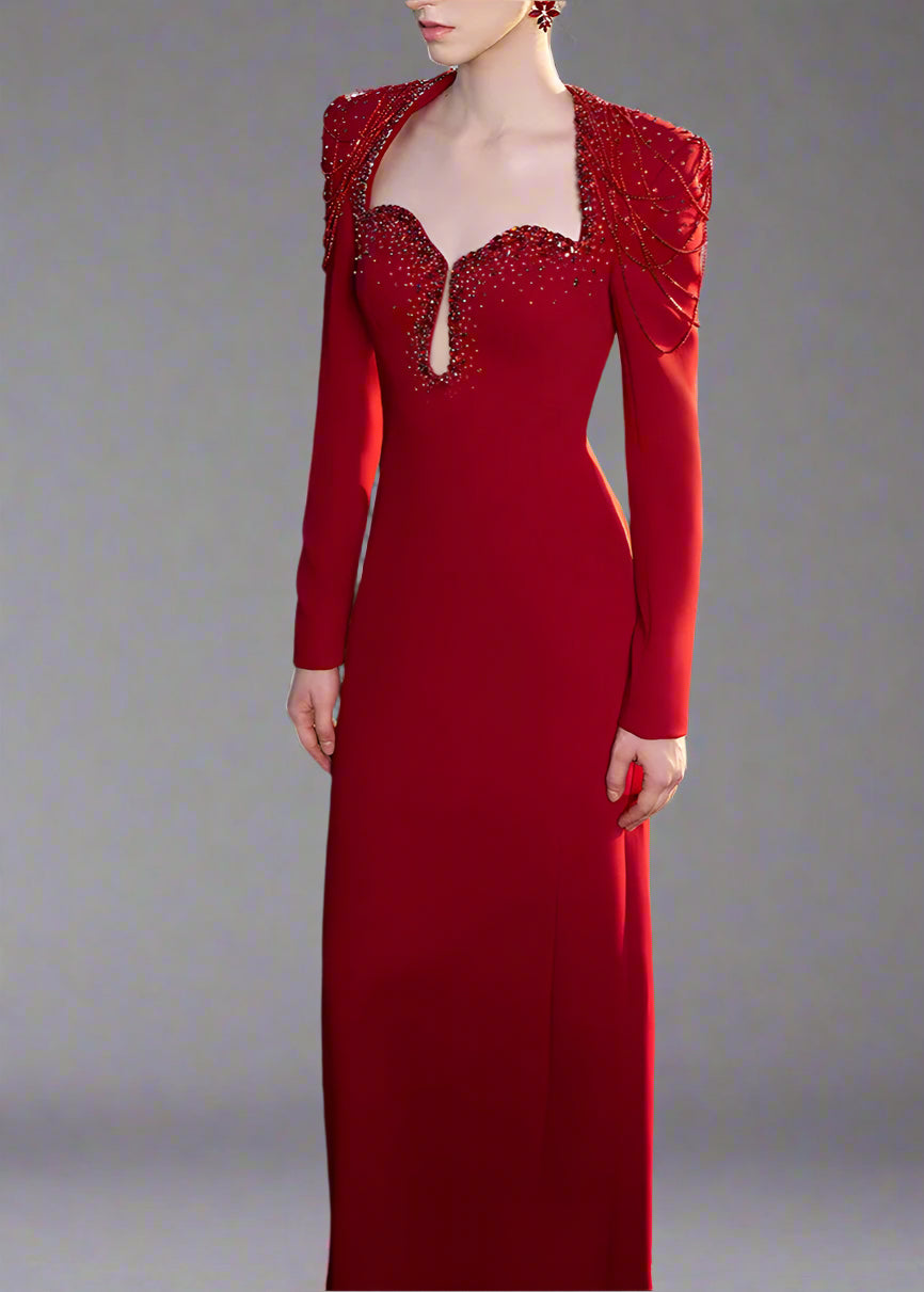 فستان عمودي بأكمام طويلة وسلاسل كتف مزينة بالخرز - أسترا