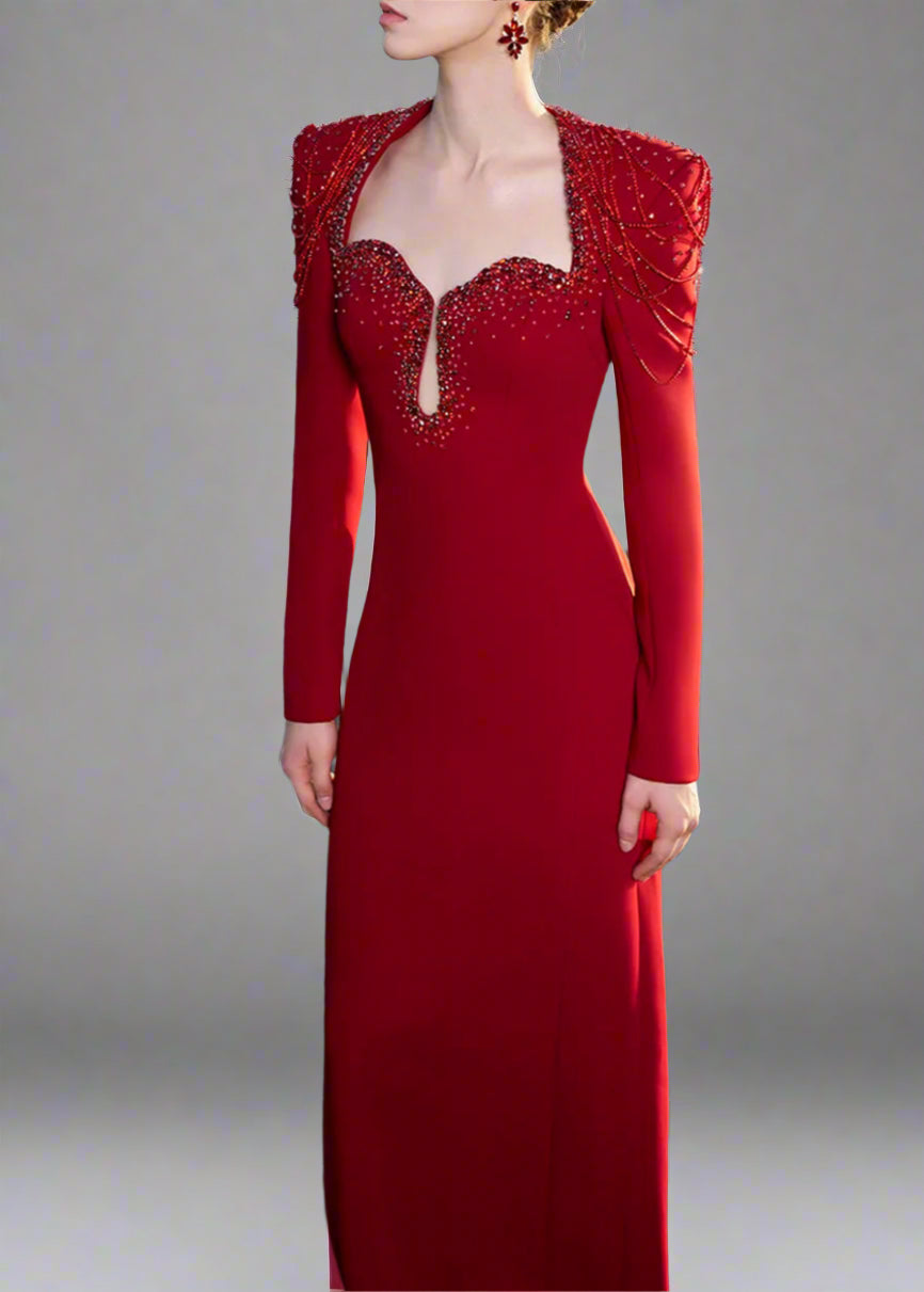 فستان عمودي بأكمام طويلة وسلاسل كتف مزينة بالخرز - أسترا