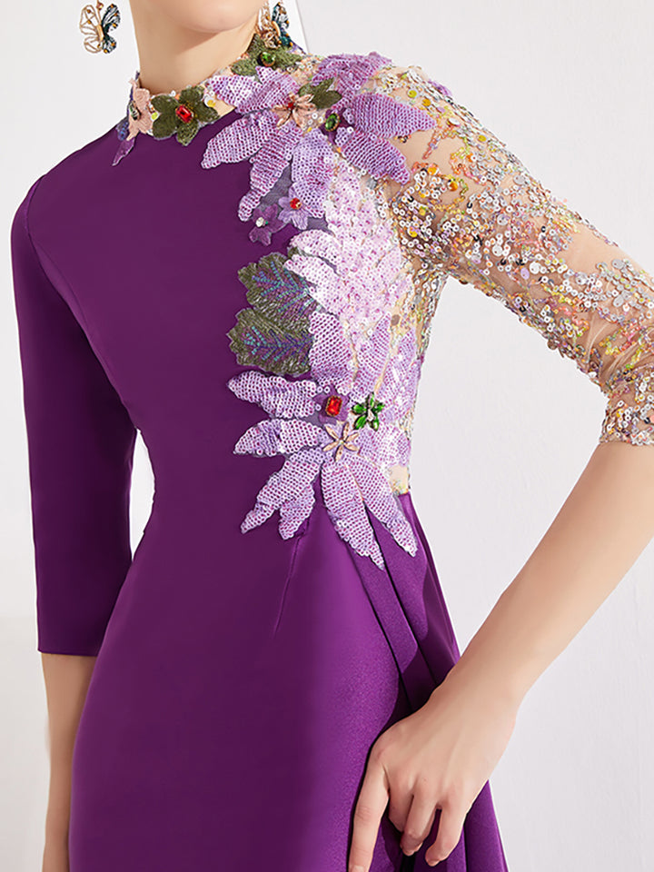 embroidered evening gown with sequin illusion sleeve –  Thumri