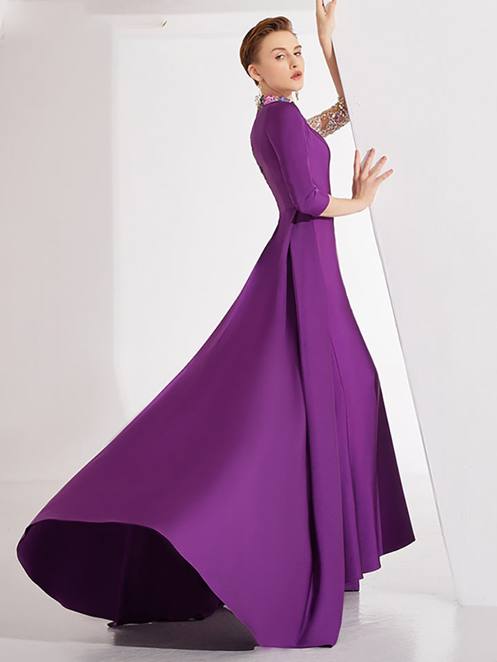 embroidered evening gown with sequin illusion sleeve –  Thumri