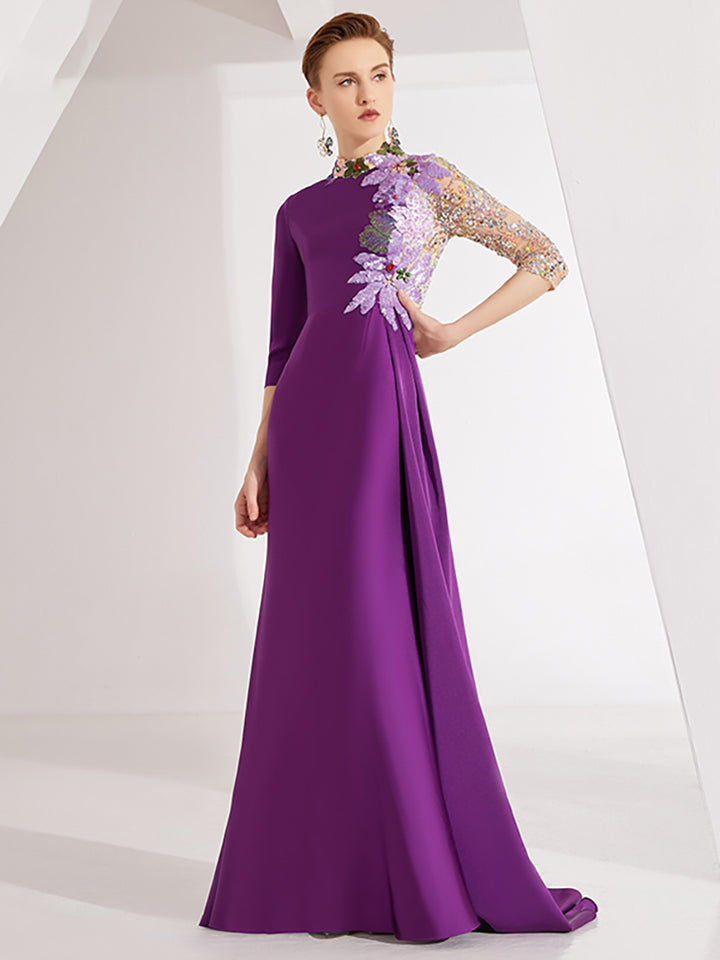 embroidered evening gown with sequin illusion sleeve –  Thumri