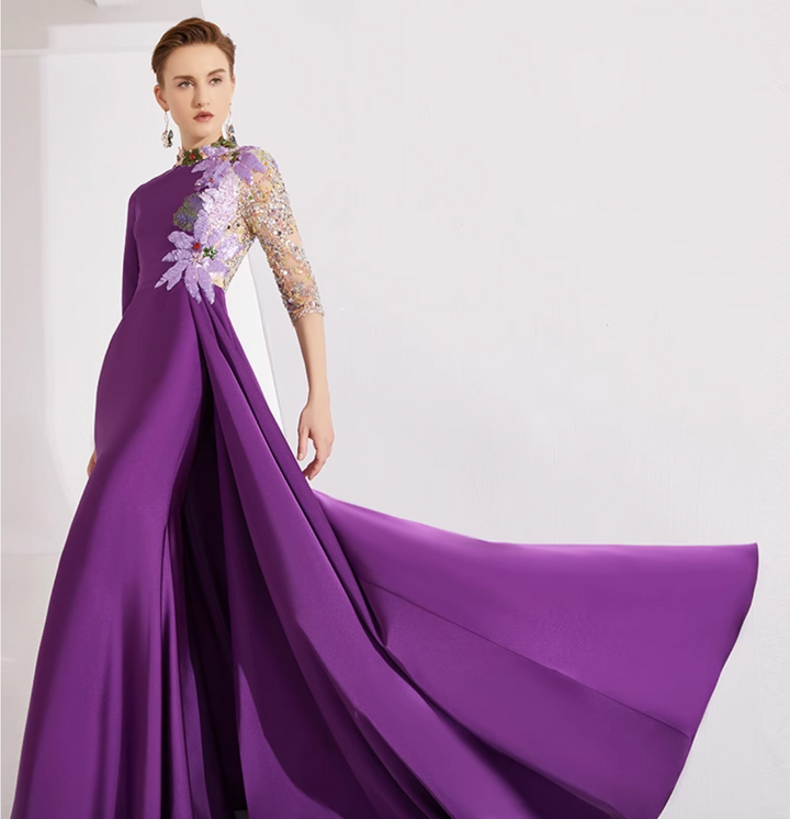 embroidered evening gown with sequin illusion sleeve –  Thumri