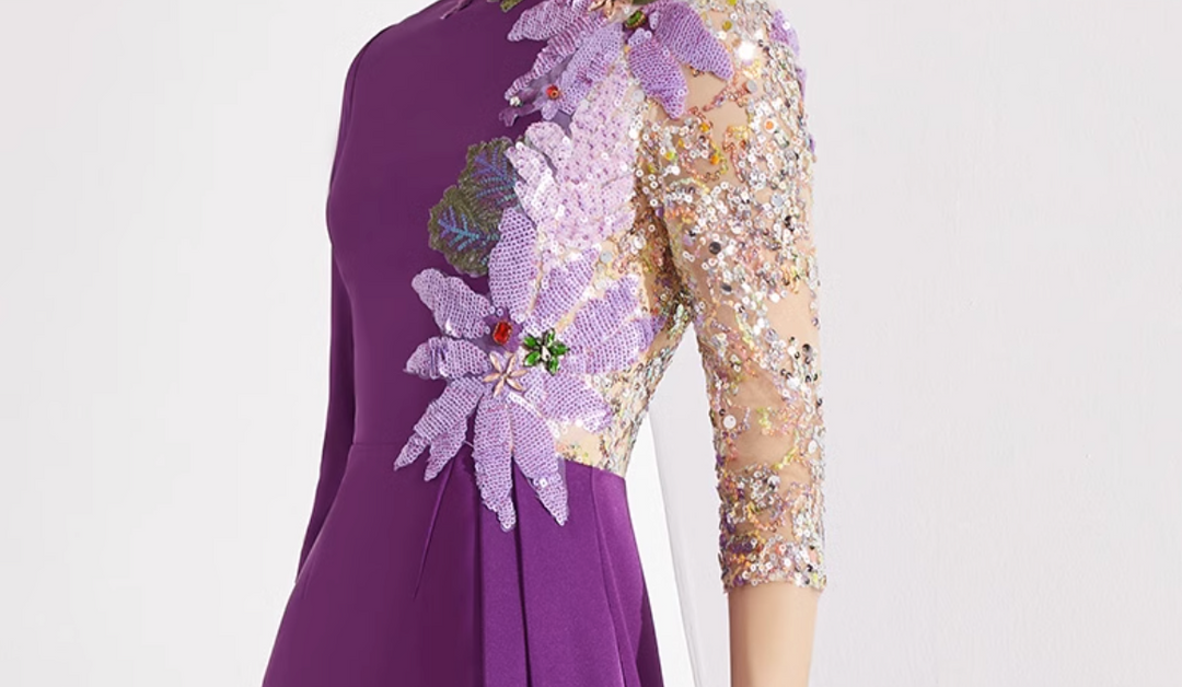 embroidered evening gown with sequin illusion sleeve –  Thumri